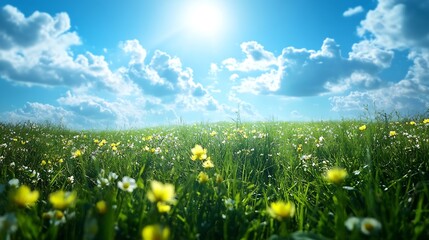 Poster - Sunny Meadow with Blooming Wildflowers Under Bright Blue Sky and Fluffy Clouds : Generative AI