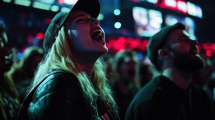 Poster - Woman joyfully laughs in crowd during a vibrant event.