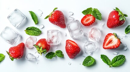 Poster - Strawberries, ice cubes, mint leaves on white background.