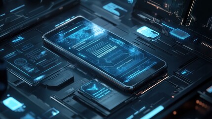Poster - Smartphone with digital screen interface on futuristic tech background.