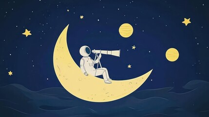 Poster - Astronaut observes sky from crescent moon.