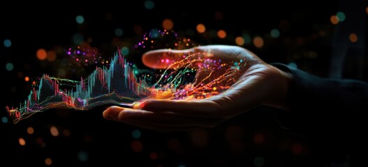 Fototapete - Hand holding shimmering data, stock chart and dots.