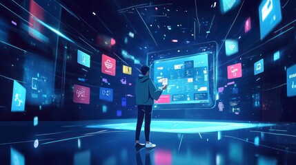 Leinwandbilder - Man interacts with floating data screens in virtual space.