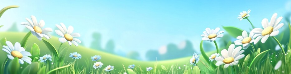 Aufkleber - Daisy field with blue sky, cartoonish landscape.