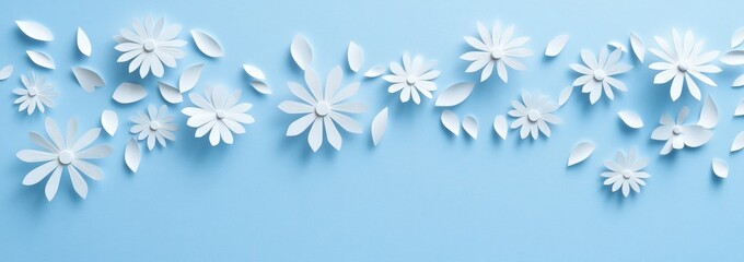 Fototapete - Papercut white flowers and petals on blue background.