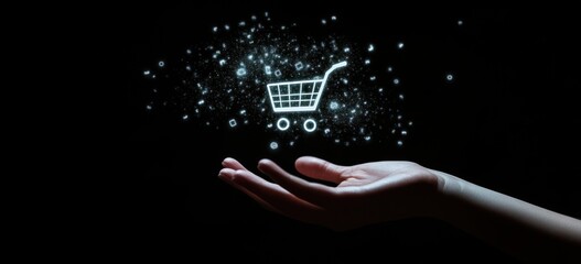 Aufkleber - Hand holds glowing shopping cart, sparkling dark background.