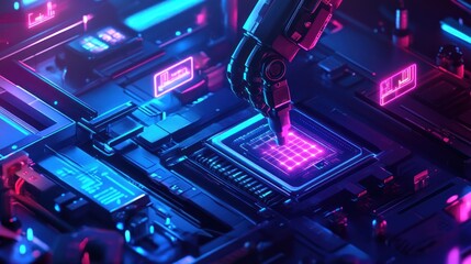 Poster - Robot hand touching glowing circuit board with neon light.
