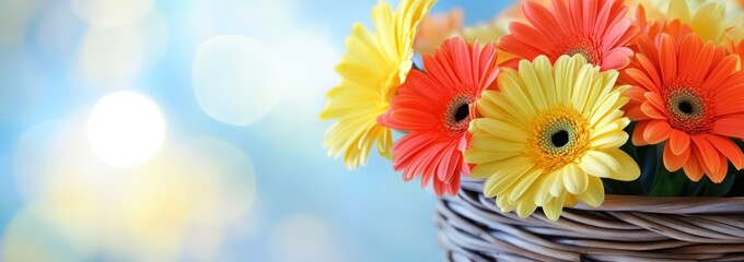 Poster - Orange, yellow gerberas in basket with blurred background.
