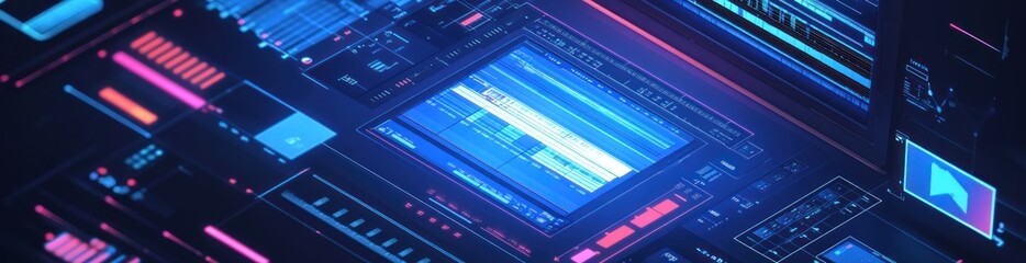 Aufkleber - Futuristic circuit board with blue and pink geometric patterns.