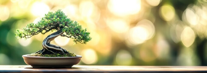 Aufkleber - bonsai tree on wood surface with blurred light.
