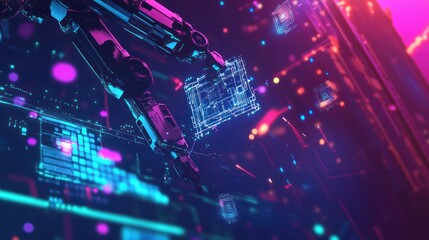 Poster - Robotic arm manipulates floating digital circuits with neon lights.