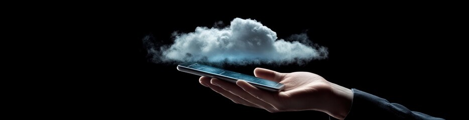 Poster - Cloud above hand holding phone, dark background.
