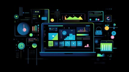 Leinwandbilder - Laptop with multiple dashboards displaying data analysis, against black background.