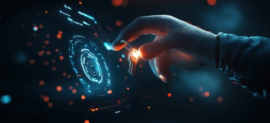 Poster - Hand interacts with futuristic glowing interface.
