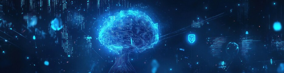 Glowing brain digital, network data.