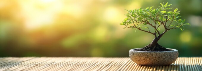 Aufkleber - Small bonsai tree in pot on mat with golden light.