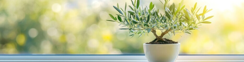 Aufkleber - Potted plant on window sill with light blurred outdoor backdrop.