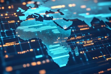 futuristic digital map of africa with blue and orange glowing data lines, technology background, glo