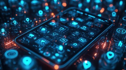 Aufkleber - Glowing smartphone display with illuminated icons on dark background.