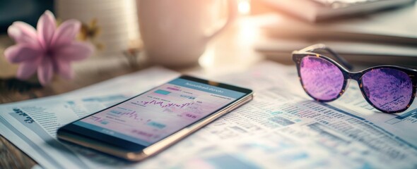 Fototapete - Phone shows finance charts, with glasses and newspapers.