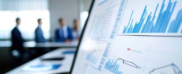 Poster - Charts on monitor, team blurred at a meeting.