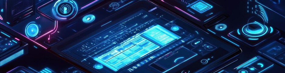 Aufkleber - Glowing tech interface with controls and displays.