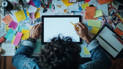Aufkleber - Person draws on tablet, desk with many sticky notes.