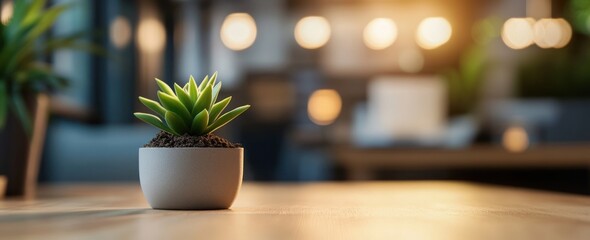 Aufkleber - Small plant in pot on wooden table with bokeh background.