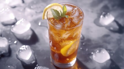 Poster - Iced tea drink with lemon and mint on ice.