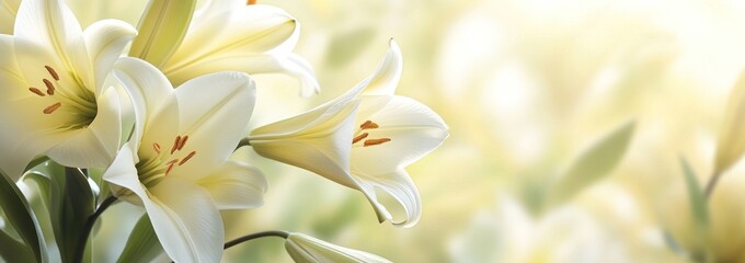Aufkleber - White lilies blooming on a soft, bright, blurred background.