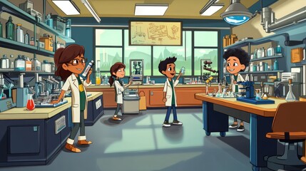 Poster - Cartoon students working on experiments in science lab.