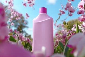 Wall Mural - Pink bottle amidst a blooming orchid garden