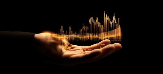 Aufkleber - Glowing graph above hand, data visualization on a dark background.