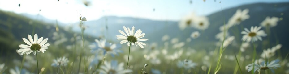 Aufkleber - Daisies in a field, sunlit, soft focus background mountains.