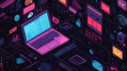 Aufkleber - Laptop displays digital interface, data with icons in isometric view.