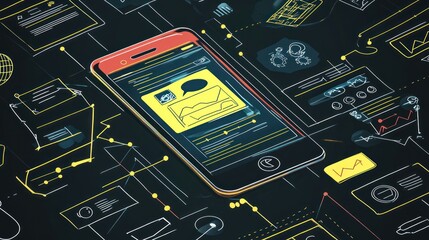 Aufkleber - Isometric phone with UI sketches and data visualizations.