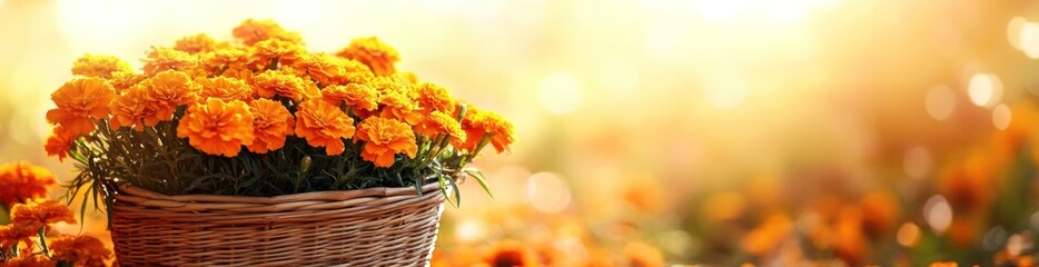 Aufkleber - Orange flowers in basket against a blurred golden bokeh background.