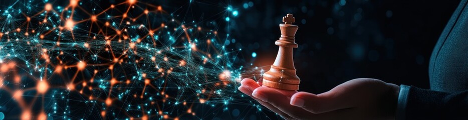 Poster - Chess king piece held before glowing network.