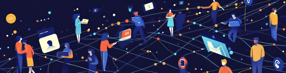 Aufkleber - People connecting digitally through a network with devices, icons and data.