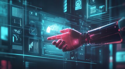 Poster - Robotic hand interacts with digital user interface.