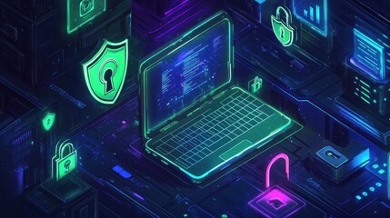 Poster - Digital laptop with security icons in glowing neon colors on dark background.