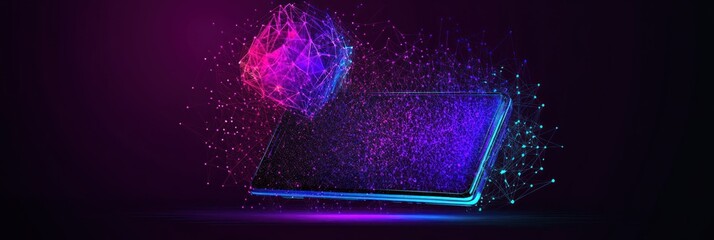 Poster - Neon cube hovers above a glowing tablet with digital particles.