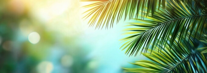 Aufkleber - Sunlight through palm fronds on light blue bokeh background.