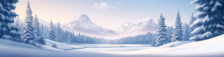 Aufkleber - Snowy mountains, frozen lake, and pine trees under a soft sky.