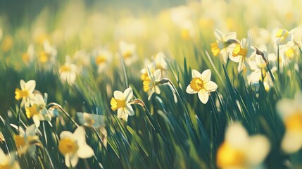 Aufkleber - Daffodils glow in sunlit meadow, soft focus.