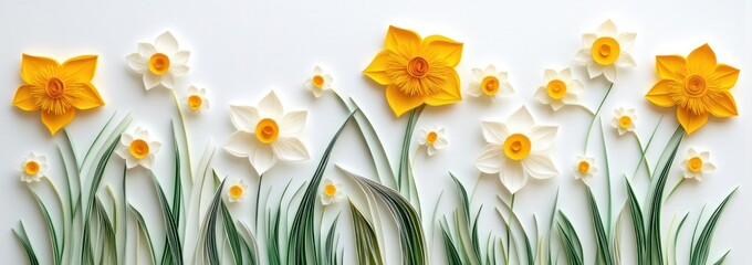 Aufkleber - Paper yellow daffodils and white flowers art on white backdrop.