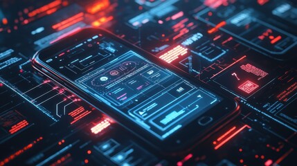 Poster - Futuristic phone interface with glowing neon data and information.