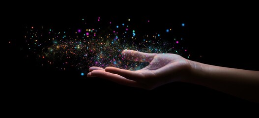 Poster - Hand holding colorful particle explosion against a black background.