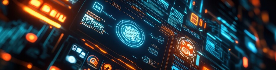 Aufkleber - Futuristic control panel with bright UI elements.