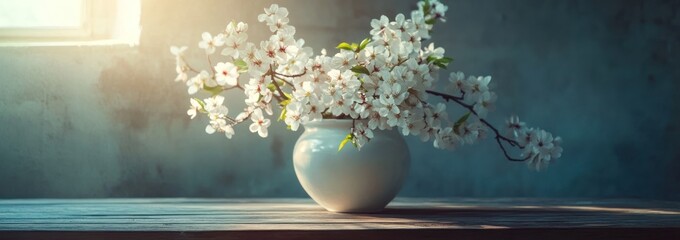 Aufkleber - White blossoms in vase on wooden table.